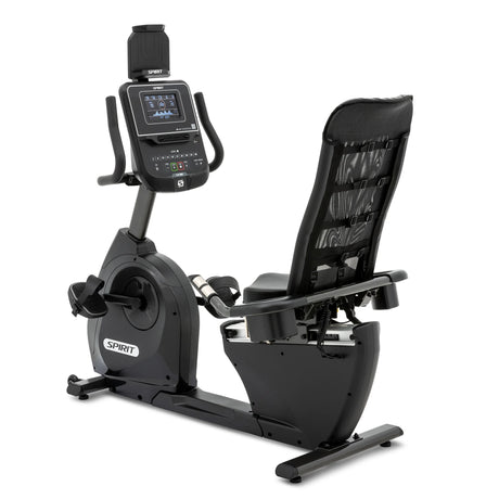 The Spirit Fitness XBR95 Recumbent Bike is a black indoor bike with a digital display, mesh backrest, and pedals. The Spirit Fitness brand appears on the frame, making it ideal for effective indoor workouts.