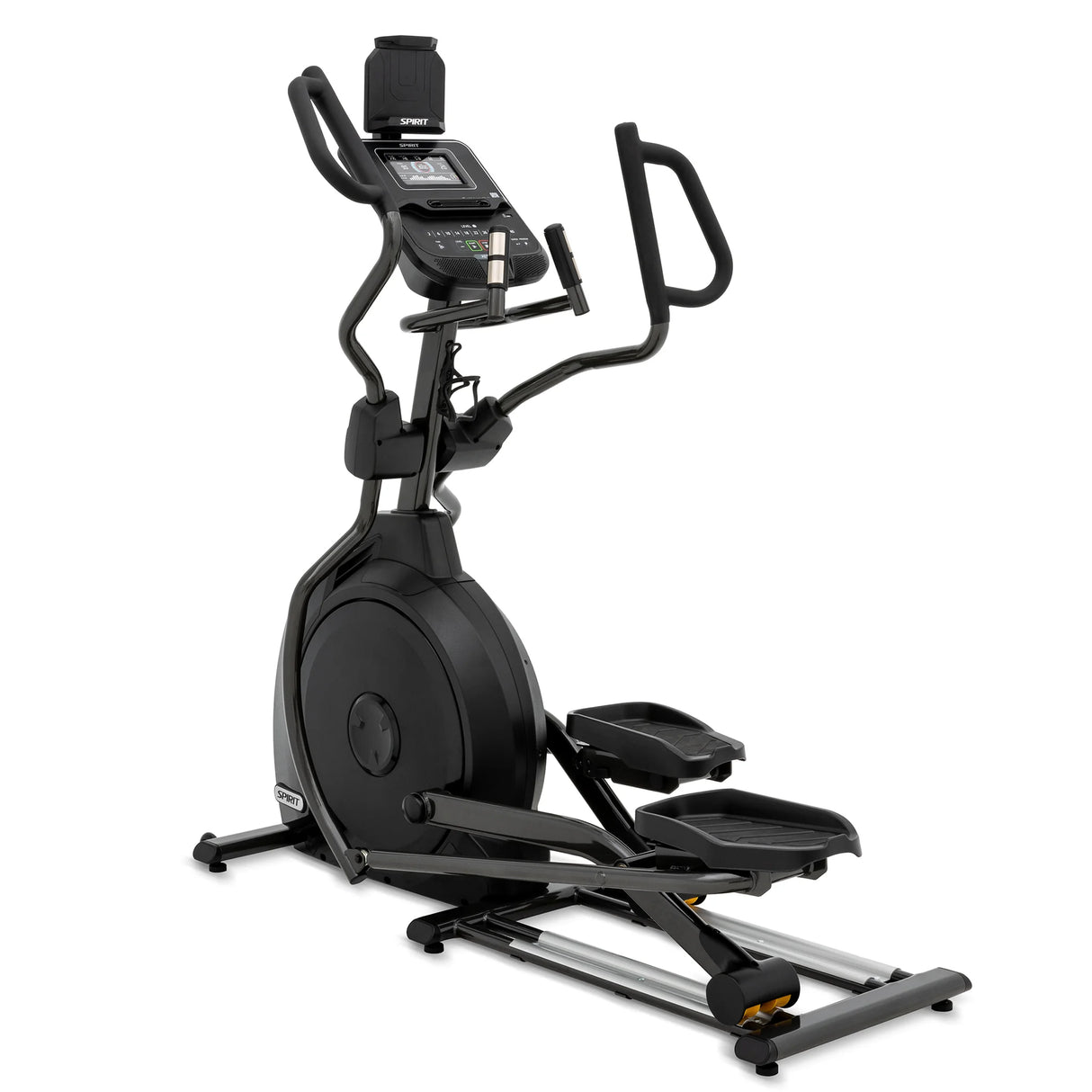 The Spirit Fitness XE795 Elliptical by Spirit Fitness is a black indoor cardio machine featuring handlebars, a display screen, pedal platforms, and a sturdy base.