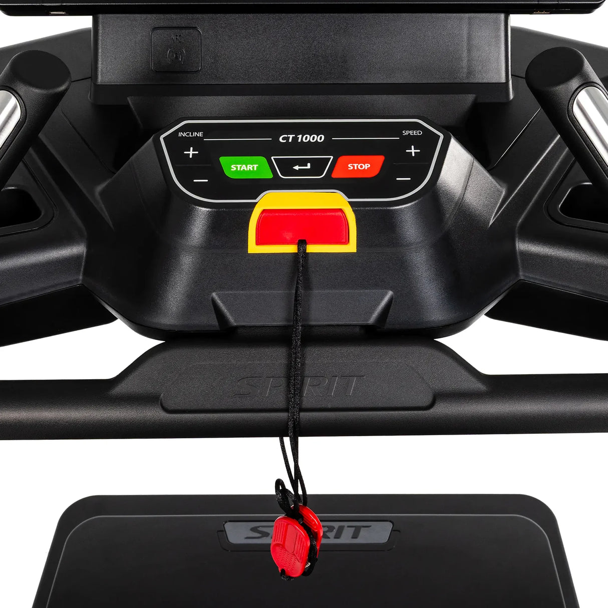 Close-up of the Spirit Fitness CT1000ENT Treadmill's CT1000 control panel and safety key clip.