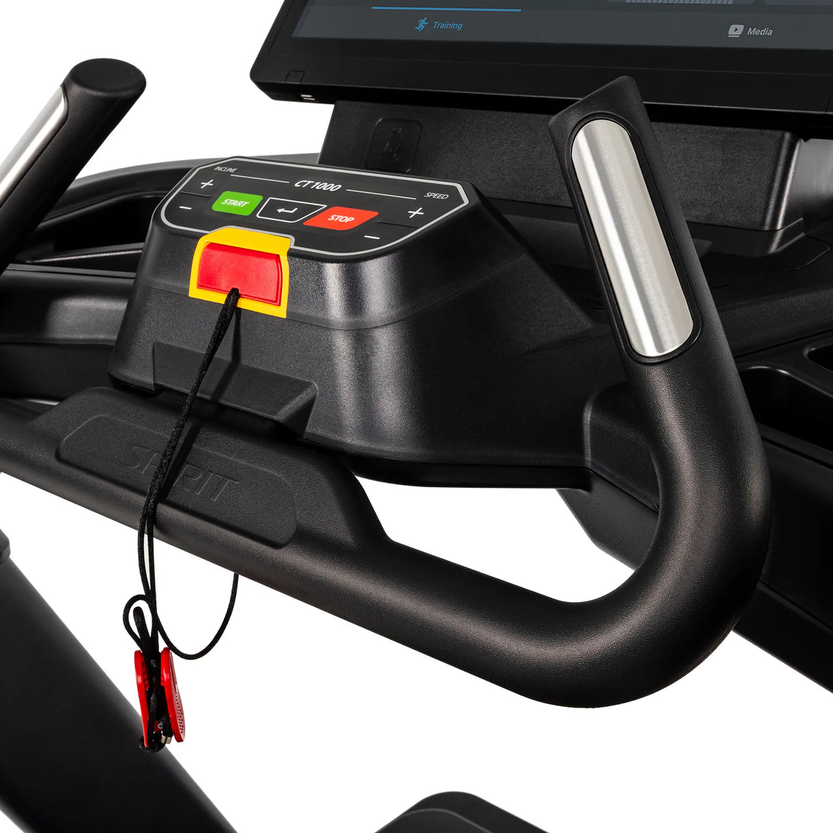 Close-up of the Spirit Fitness CT1000ENT Treadmill's handlebar grip and safety key clip.